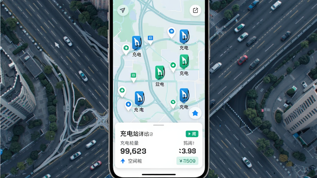 手机屏幕展示广汽昊铂App充电地图界面,地图上有多个充电站标记点,底部弹出充电站详情卡片,显示充电价格、空闲桩数量;背景为城市道路俯瞰图;采用竖版布局,手机占画面主体;风格为清新简约风,蓝绿配色;细节包括充电枪图标、导航箭头、价格标签;画质高清,干净,无多余元素