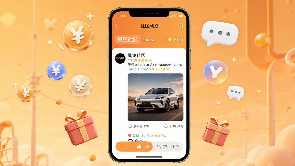 手机屏幕显示广汽昊铂App社区动态页面,页面中有用户头像、帖子图片和点赞评论按钮;手机周围漂浮积分图标、礼品盒和对话气泡;采用竖版构图,手机居中;风格为活泼社交风,暖色调;细节包括“昊铂社区”文字标签、积分数字;画质高清,干净,无多余元素