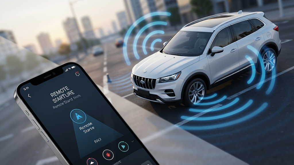 ����Ϊһ���ֻ���һ����ɫSUV�������ֻ���Ļ��ʾԶ�������յ����棬������Χ�����Ŵ��������źŵ���ɫ�Ⲩ����������Ϊ�Խ��߹�ͼ���ֻ�λ�����½ǣ�����λ�����Ͻǣ��Ű�����Ϣ�㼶�������ֻ����������ɼ������Ϊдʵ��Ƽ��ںϷ��ϸ��������������ϸ��Ĺ�Ӱ���䣬����Ϊ�黯�ĳ����峿����������Ϊ4K���壬����ɾ����޶���Ԫ�ء�