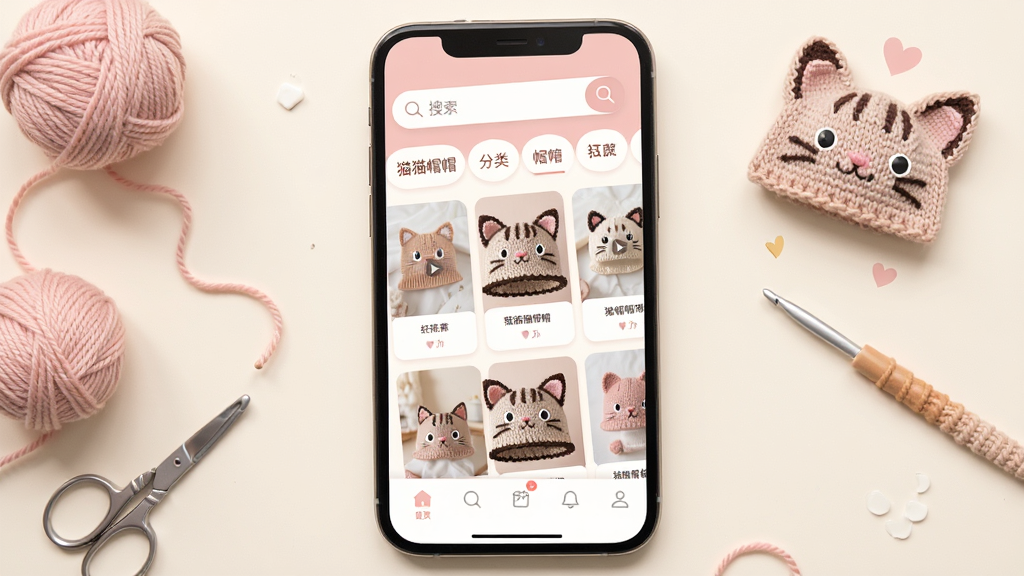 猫猫帽帽软件界面展示,主体为一部智能手机屏幕,屏幕中显示猫猫帽帽应用首页,页面排版为顶部搜索栏与分类标签,中部为多个猫猫帽子编织视频缩略图卡片,底部为导航栏,整体风格温馨可爱,色调以浅粉和米白为主,细节包含毛线球、钩针、猫耳帽等元素点缀,画质清晰,干净整洁,无多余元素