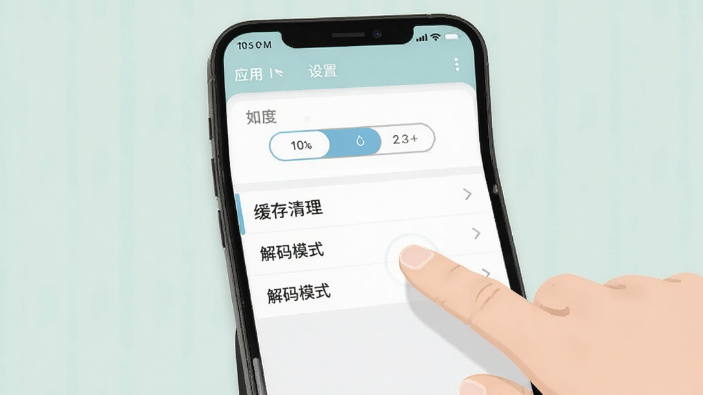 猫猫帽帽移动端操作示意图,主体为一部手机展示应用设置界面,布局为纵向菜单列表,包含清晰度选择、缓存清理、解码模式等选项,风格扁平化设计,色调柔和,细节展示手指点击屏幕的动作,画质清晰,干净无多余元素