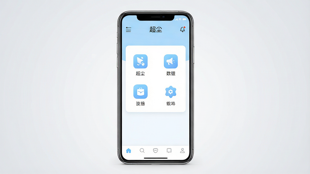 一张展示超尘软件主界面的手机效果图,画面中央是一部现代智能手机,屏幕上显示着超尘应用的简洁首页,界面以白色和浅蓝色为主色调,布局干净,顶部有软件名称