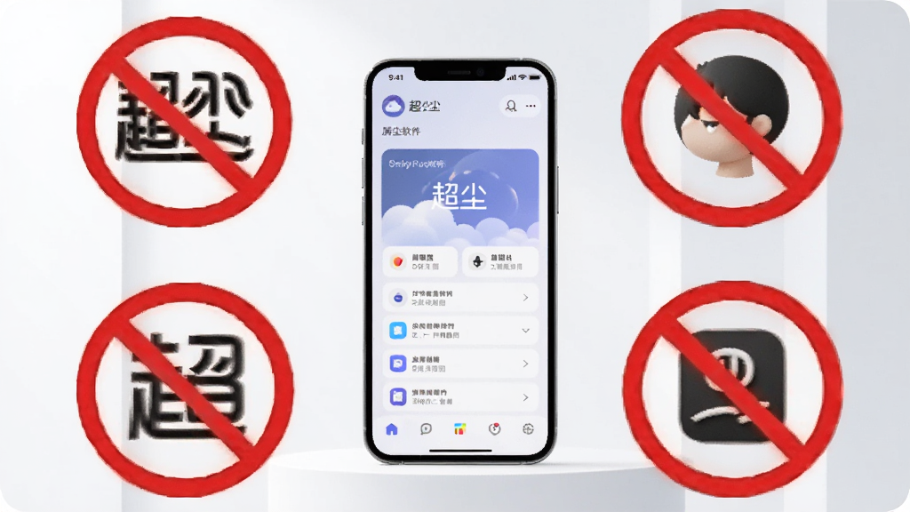 一张概念图,展示超尘软件无广告的特点,画面中一部手机周围环绕着表示“屏蔽”“禁止”的符号,手机屏幕上显示超尘界面,背景干净明亮,风格简洁现代,突出