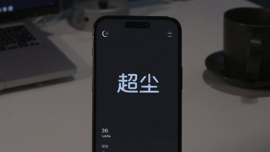 一部手机展示超尘软件的深色模式界面,背景为深灰黑色,界面元素以白色和淡蓝色文字呈现,布局极简,突出