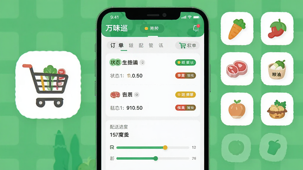 画面主体为“万味巡”应用订单管理界面截图风格插画,界面显示订单列表、状态标签和配送进度条,左侧放置一个购物车图标,右侧排列蔬菜、肉类、粮油等食材小图标,布局采用左右分栏,风格为现代扁平化UI插画,细节上订单状态用不同颜色标签区分,画质清晰,干净,无多余元素