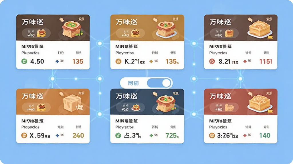 画面中央为“万味巡”应用多门店管理界面,显示多个门店卡片和切换按钮,每个卡片上有门店名称和经营数据摘要,周围环绕连接线表示数据同步,背景为浅蓝色,布局采用网格状排列,风格为科技感扁平插画,细节上连接线有光点效果,画质清晰,干净,无多余元素