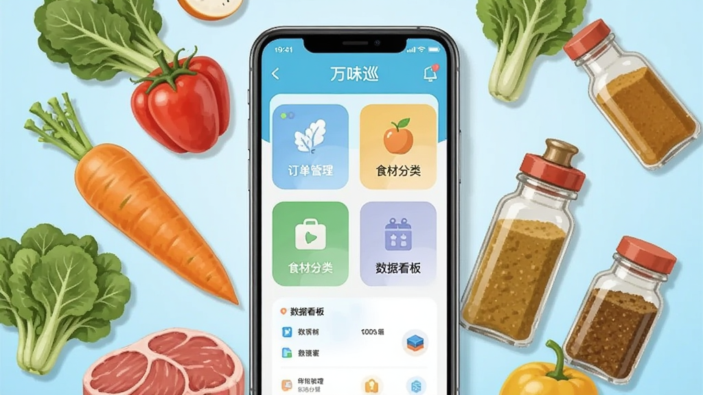 画面中央放置一部智能手机,手机屏幕上显示“万味巡”应用主界面,界面包含订单管理、食材分类、数据看板等模块图标,手机周围环绕新鲜蔬菜、肉类、调料瓶等食材元素,背景为浅蓝色渐变,整体布局采用居中对称构图,风格为扁平化商业插画,细节上手机边框有轻微阴影,食材色彩鲜艳写实,画质清晰,干净,无多余元素