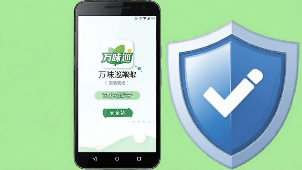 画面中央为一部安卓手机,手机屏幕上显示“万味巡”应用安装完成后的欢迎界面,手机旁边放置一个盾牌图标表示安全防护,背景为浅绿色,布局采用左右结构,风格为简洁安全提示插画,细节上盾牌有光泽感,手机屏幕有轻微反光,画质清晰,干净,无多余元素