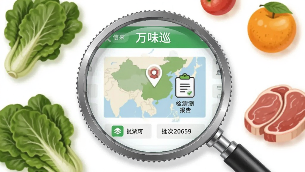 画面中央为一个放大镜聚焦在“万味巡”应用内的溯源信息页面上,页面显示产地地图、检测报告图标和批次编号,周围环绕绿色蔬菜、水果和肉类食材,背景为白色,布局采用中心聚焦式构图,风格为简洁信息图插画,细节上放大镜有金属质感,食材色彩自然,画质清晰,干净,无多余元素