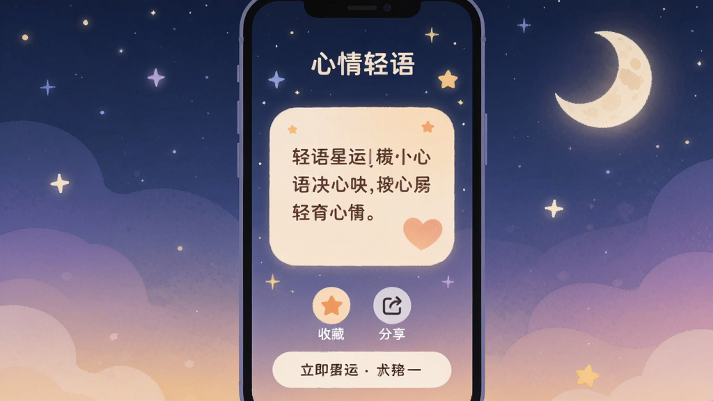 一幅展示“轻语星运”心情轻语板块的插画,主体为手机屏幕显示一段温暖文字卡片,背景为星空与月亮,卡片下方有收藏与分享图标。布局为竖屏手机界面,顶部显示“心情轻语”标题,中部为文字内容,底部为操作按钮。风格为治愈系插画,细节包括柔和夜色渐变、星星点缀、圆角卡片。画质高清,画面干净,无多余元素。
