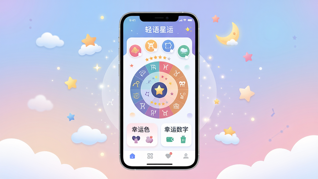 一幅展现星座运势App界面的数字插画,主体为一部智能手机屏幕显示“轻语星运”应用首页,屏幕上有十二星座图标环绕、当日运势星级评分、幸运色与幸运数字卡片。布局采用居中构图,手机置于画面中央,周围漂浮星星、月亮、云朵等装饰元素。排版清晰,顶部为应用名称“轻语星运”,中部为星座轮盘,底部为导航栏。风格为清新梦幻的扁平化插画,细节包括柔和渐变背景、微光粒子、圆角卡片。画质高清,画面干净,无多余元素。