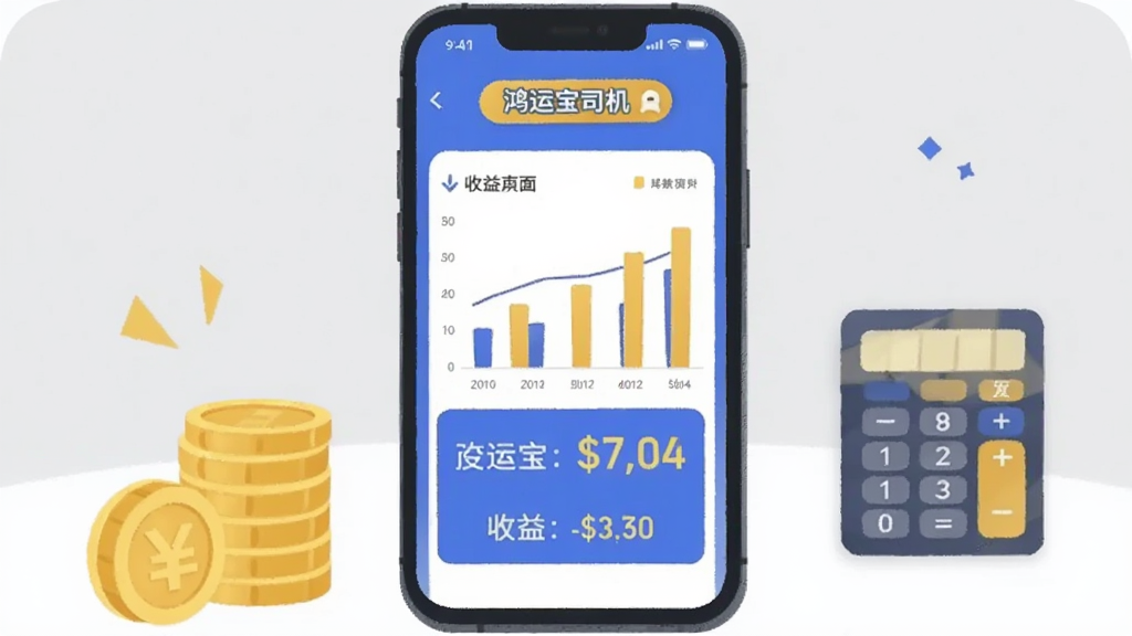 画面为手机屏幕展示收益统计页面,包含柱状图与数字金额,屏幕上方标注
