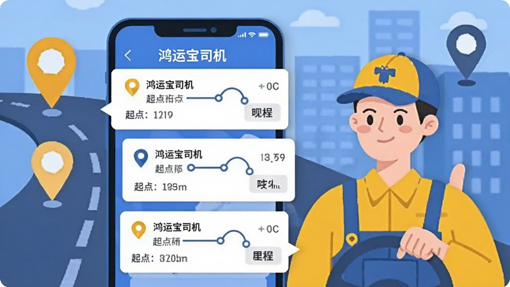 画面主体为一部智能手机,屏幕中弹出多个订单通知卡片,卡片上标注起点终点连线与里程数字,手机旁有一位戴帽子的司机形象竖起大拇指,背景为城市道路与定位图标,采用扁平插画风格,主色调为蓝色与黄色,构图简洁,画质干净,图中文字标注