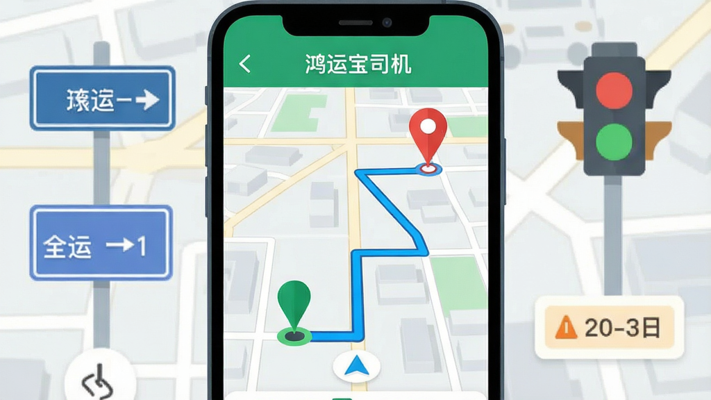 手机屏幕显示地图导航界面,路线以高亮蓝色线条标注,起点为绿色圆点,终点为红色定位针,屏幕上方显示