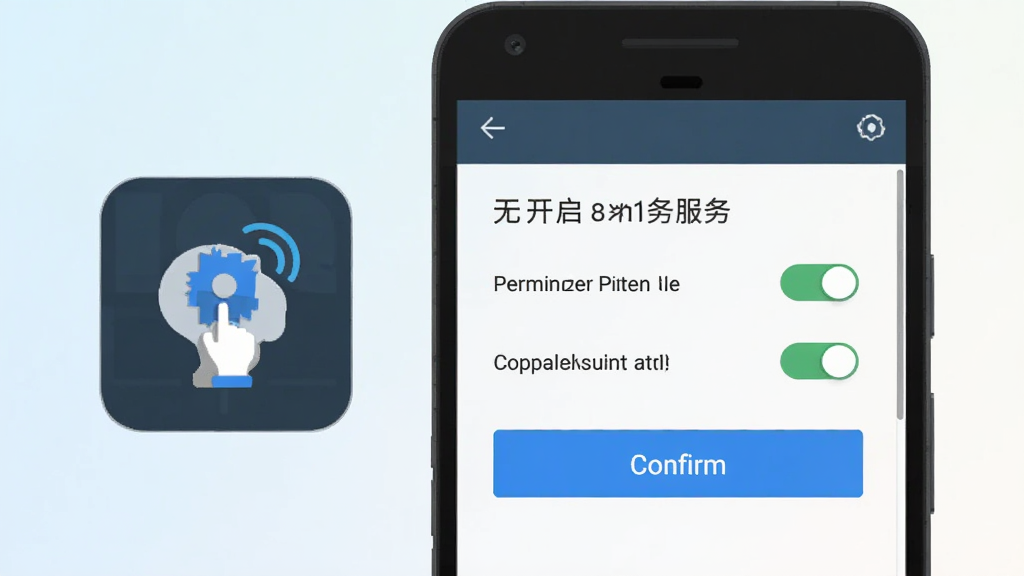 一部安卓手机屏幕显示无障碍服务开启界面,旁边悬浮着点点自动点击器的图标,背景为浅色渐变,风格为扁平化科技插画,细节有权限开关和确认按钮,画质清晰,干净,无多余元素