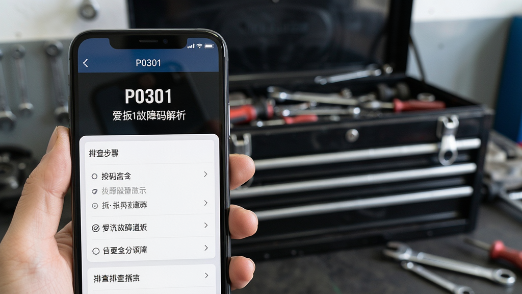爱扳手故障码解析界面,手机屏幕显示故障码P0301及含义说明,下方有排查步骤列表,背景为维修车间工具箱,风格实用,画质清晰,干净无多余元素