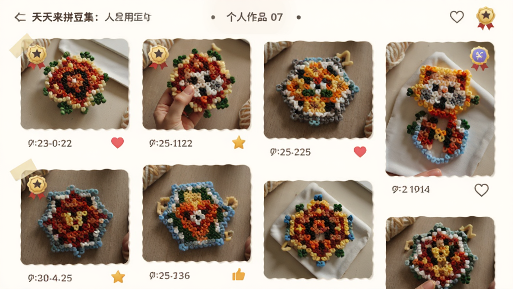 天天来拼豆应用的个人作品集页面,主体为多张拼豆成品照片按时间轴排列,布局为瀑布流展示,排版错落有致,风格为温馨手账风,细节包含拼豆成品、日期标签、点赞图标、等级徽章,画质高清,画面干净,无多余元素