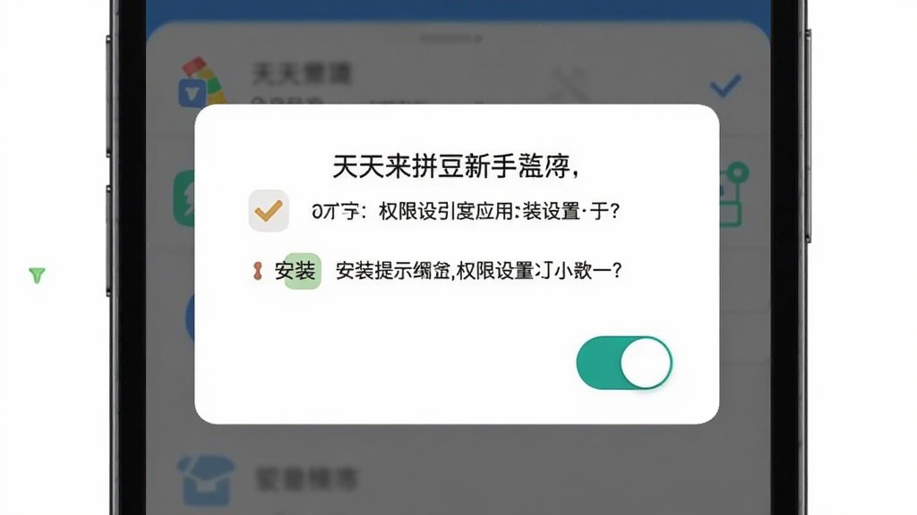 天天来拼豆应用的新手引导页面,主体为手机屏幕中显示权限设置与安装提示弹窗,布局为居中卡片式,排版简洁,风格为扁平化提示风格,细节包含开关按钮、权限图标、提示文字,画质清晰,画面干净,无多余元素