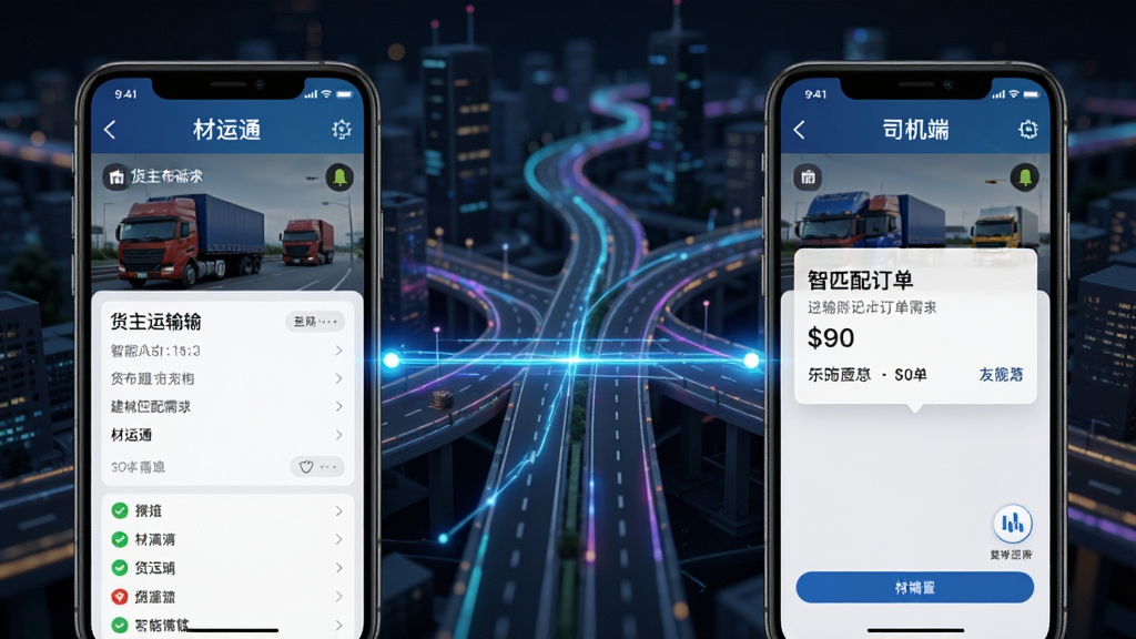 材运通 智能匹配功能展示,画面分为左右两部分,左侧是货主发布建材运输需求的手机界面,右侧是司机端收到推送订单的手机界面,中间用发光的线条连接,背景是抽象的城市道路网,风格科技感,细节清晰,画质高清,干净,无多余元素