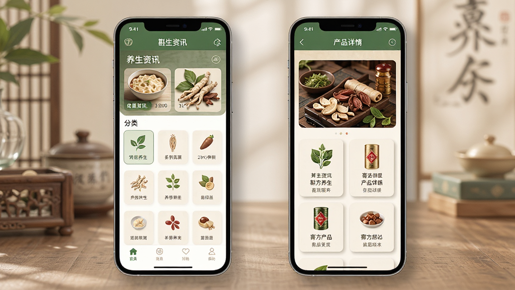��ҽ���ֻ�Ӧ�ý���չʾ������Ϊһ���������APP����ҳ���Ʒչʾҳ������Ϊ����˫�����ţ������Ļչʾ��ҳ������Ѷ����ർ�����Ҳ���Ļչʾ�෽��Ʒ����ҳ���Ű������������Ϊ�ִ���ҽ�����磬ϸ�ڰ�����ɫ����ɫ���䡢��ҩ��ͼ�ꡢ��Ʒ��Ƭ�������Ӱ�����ʸ��壬����ɾ����޶���Ԫ�ء�