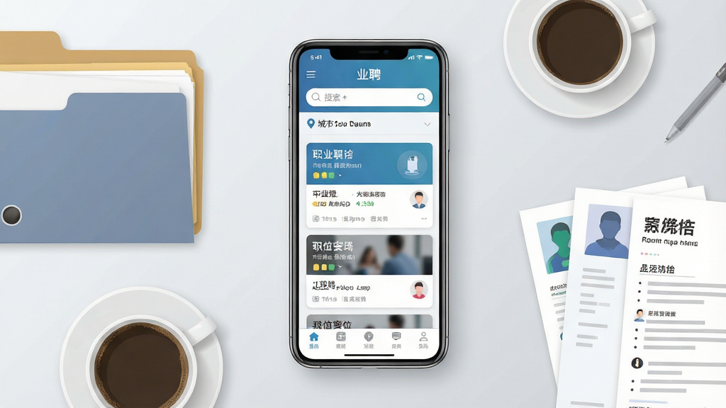 一张展示“业聘”手机应用界面的场景图,画面中央是一部竖屏智能手机,屏幕内显示“业聘”应用的主页,顶部有搜索框和城市定位,中部为职位卡片列表,底部有导航栏。手机周围环绕着简洁的办公元素,如文件夹、咖啡杯、简历纸张。布局采用居中构图,背景为浅灰色渐变。风格为现代扁平化UI展示风格,细节清晰,文字锐利,画质为2K高清,干净无多余元素。
