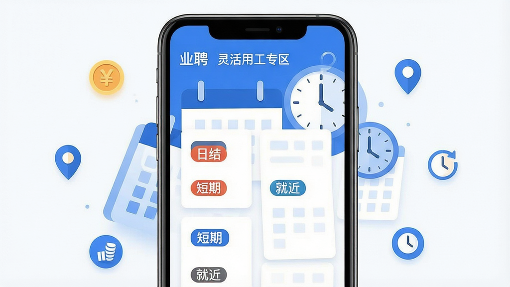 一张展示“业聘”灵活用工专区的界面图,手机屏幕中显示多个兼职岗位卡片,卡片上标注“日结”“短期”“就近”等标签,背景有日历与时钟的抽象图形。布局为手机居中,周围环绕小型图标如钱币、地点标记、时钟。风格为清新扁平化设计,色彩以蓝白为主,细节清晰,画质为2K高清,干净无多余元素。