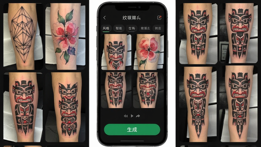 纹身设计智能生成功能界面,手机屏幕展示多张自动生成的纹身草图缩略图,包含几何线条、水彩花卉、图腾纹样等风格,界面带有风格标签选择栏和生成按钮,深色主题,排版整齐,画质清晰,无杂乱元素