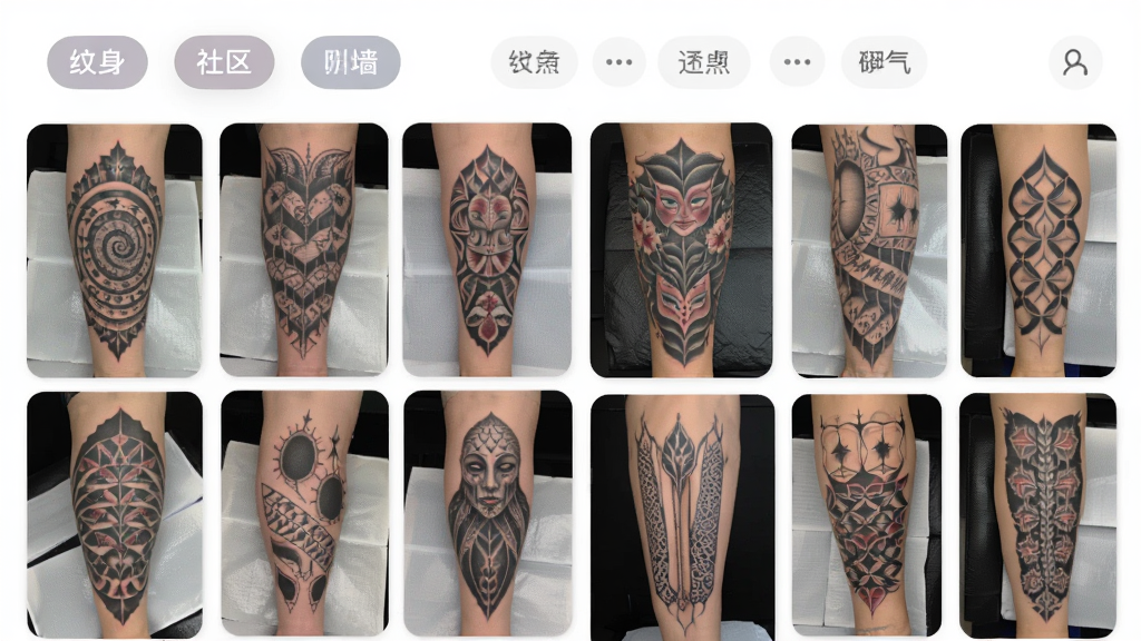 纹身设计社区灵感墙界面,手机屏幕展示瀑布流布局的纹身设计作品缩略图,包含不同风格与部位展示,顶部有分类筛选标签,界面清爽,配色柔和,画质清晰,排版整齐,无杂乱元素