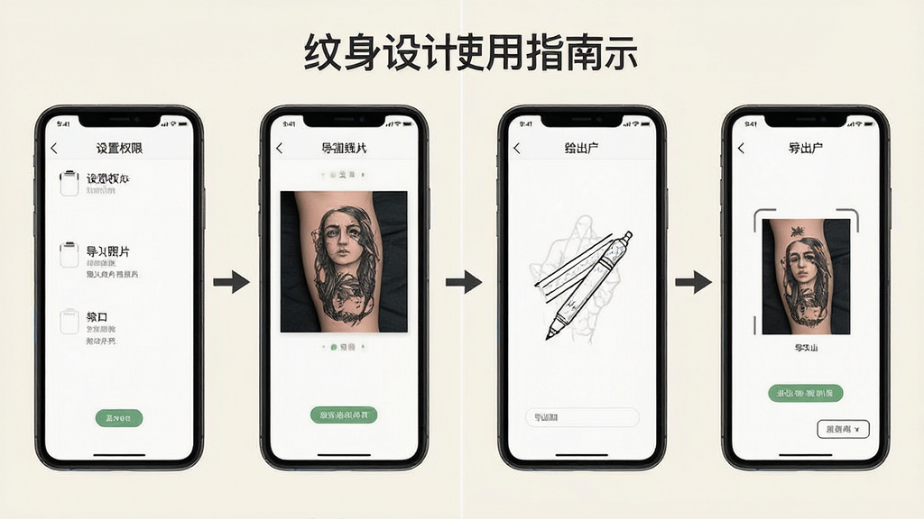 纹身设计使用指南示意图,手机屏幕展示设置权限、导入照片、绘制线条、导出图片四个步骤的界面截图拼接,配有简洁的箭头指引,浅色背景,排版清晰,画质干净,无多余元素