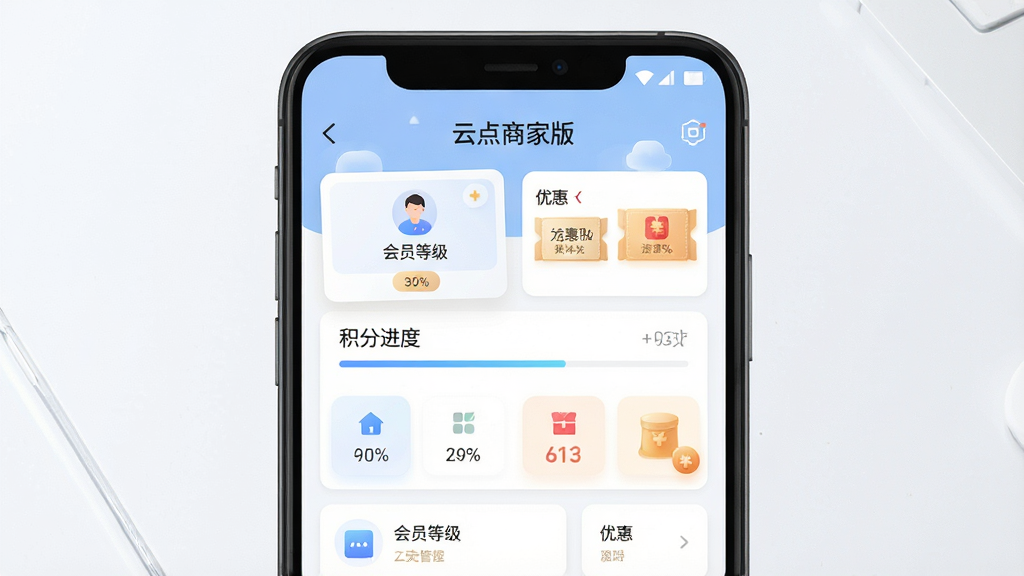 一张展示云点商家版会员营销体系功能的AI生图,画面主体为一部安卓手机,屏幕上展示着云点商家版的会员管理界面,界面顶部有