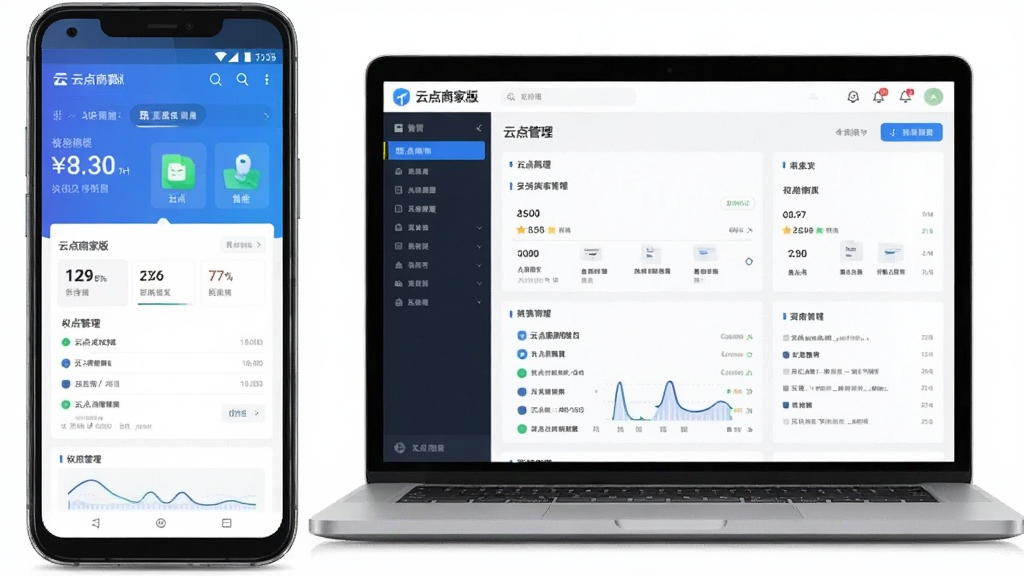 一张展示云点商家版多端协同与权限管理功能的AI生图,画面主体为一部安卓手机和一台笔记本电脑并排摆放,手机屏幕上显示着云点商家版的管理界面,电脑屏幕上显示着云点商家版的后台管理页面,两者数据同步展示,风格为现代科技商务风,细节上设备边框精致、屏幕内容清晰,画质高清干净,无多余元素