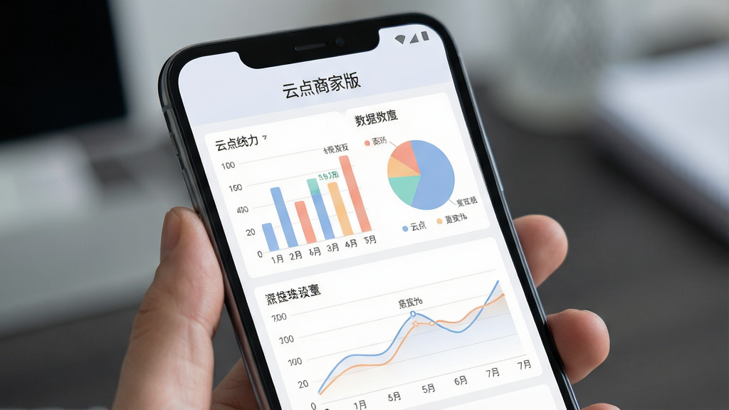 一张展示云点商家版数据报表功能的AI生图,画面主体为一部安卓手机,屏幕上展示着云点商家版的数据统计页面,页面顶部有