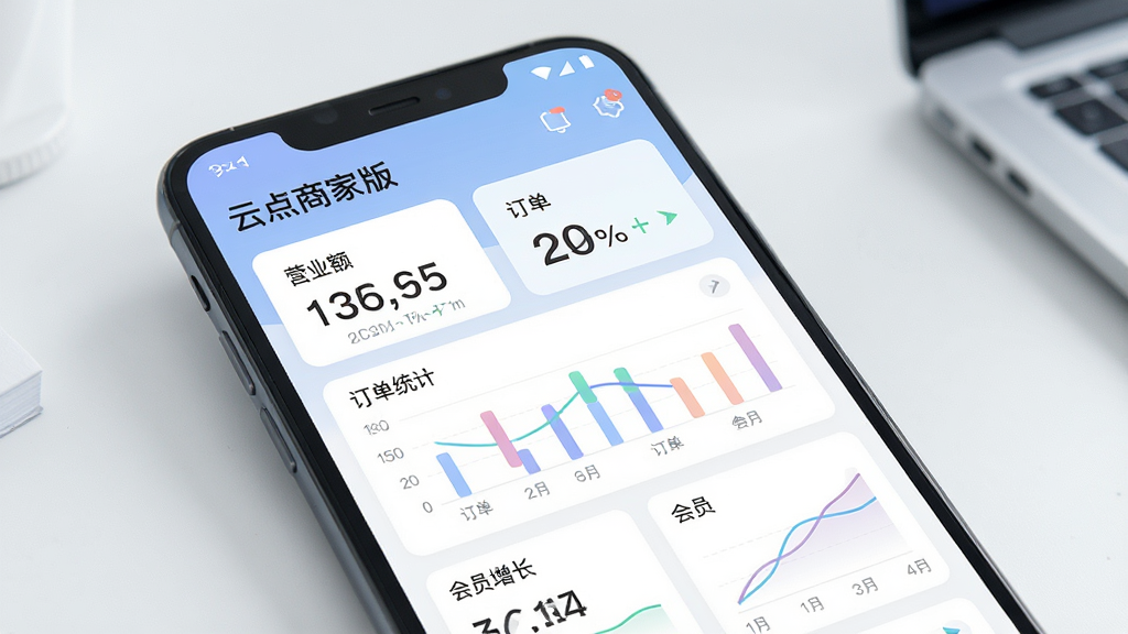 一张云点商家版一站式店铺管理功能的AI生图,画面主体为一部安卓手机,屏幕上展示着云点商家版的数据看板界面,界面中包含