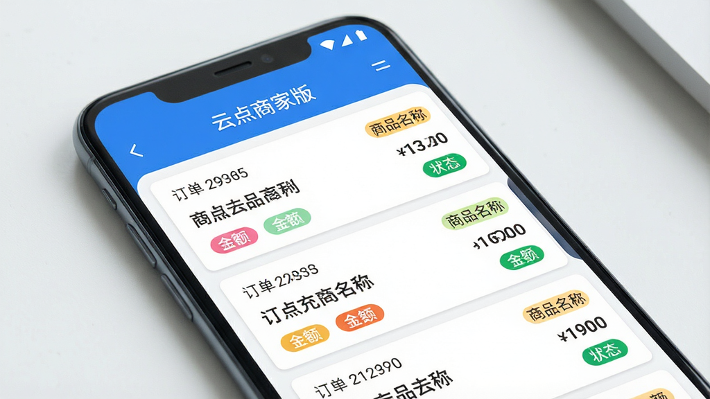 一张展示云点商家版智能订单处理功能的AI生图,画面主体为一部安卓手机,手机屏幕上显示着云点商家版的订单管理页面,页面顶部有