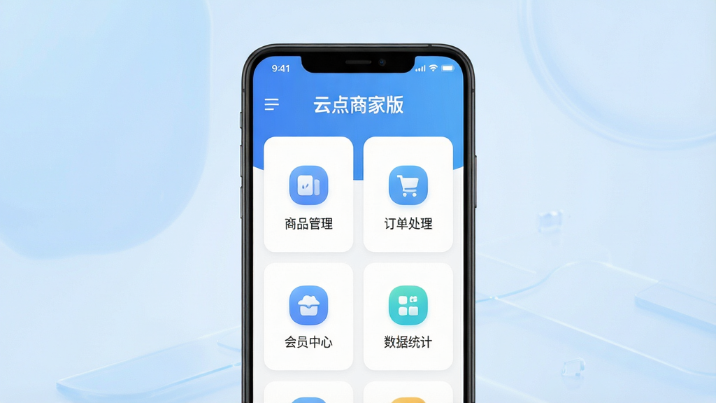 一张展示云点商家版软件界面的手机样机图,画面中央是一部竖屏安卓手机,手机屏幕上显示着云点商家版的商家管理后台首页,页面顶部有