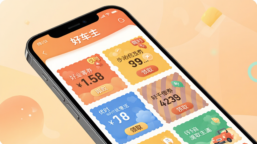 一幅展示好车主生活优惠福利功能的宣传图,主体是手机屏幕中好车主生活的优惠券领取页面,屏幕上显示多张色彩鲜艳的优惠券卡片,布局为手机斜放展示,背景为柔和的暖色调渐变,风格为清新促销风格,细节包含优惠券上的数字金额、限时标签、领取按钮,画质高清,画面干净,无多余元素