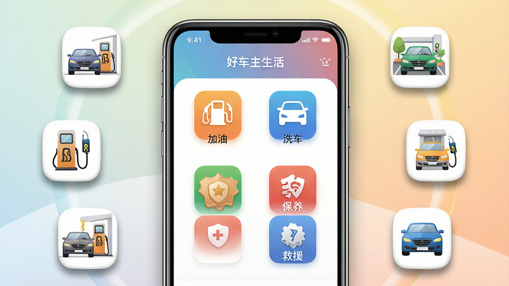 一幅以好车主生活为主题的功能展示图,主体是手机屏幕中呈现好车主生活软件的首页界面,界面中整齐排列着加油、洗车、保养、救援、缴费等多个功能图标,布局为手机居中展示,周围环绕着对应的服务场景小图标,风格为写实UI展示风格,细节包含渐变背景、图标阴影、手机边框高光,画质高清,画面干净,无多余元素