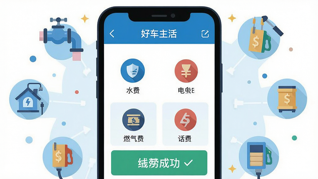 一幅展示好车主生活缴费功能的场景图,主体是手机屏幕中好车主生活的生活缴费页面,页面上显示水费、电费、燃气费、话费等多个缴费入口图标,布局为手机居中,周围环绕着水电燃气等小图标元素,风格为扁平化插画风格,细节包含蓝色主色调、圆形图标、缴费成功提示,画质高清,画面干净,无多余元素