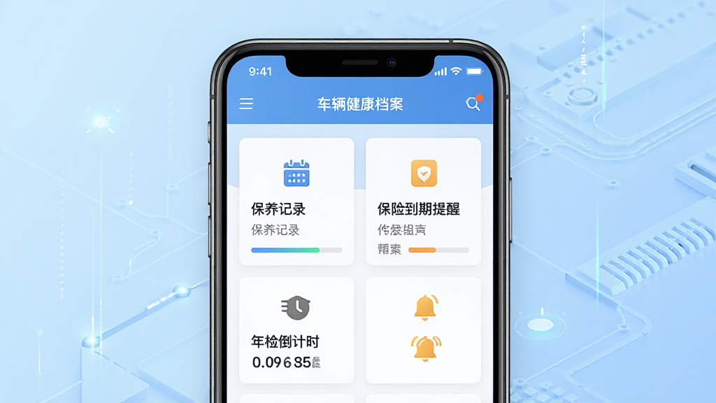 一幅展示好车主生活车辆管理功能的界面图,主体是手机屏幕中好车主生活的车辆健康档案页面,页面上显示保养记录、保险到期提醒、年检倒计时等信息卡片,布局为手机正面展示,背景为淡蓝色科技感渐变,风格为简约商务风格,细节包含进度条、日历图标、提醒铃铛,画质高清,画面干净,无多余元素