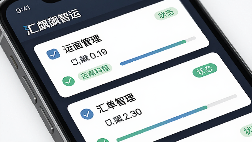 AI生图,主体为手机屏幕特写,屏幕上显示“汇飙智运”运单管理界面,有多个运单卡片和状态标签,布局为纵向排列,排版整齐,风格为扁平化商务风,细节包括勾选图标和进度条,画质高清,干净无多余元素