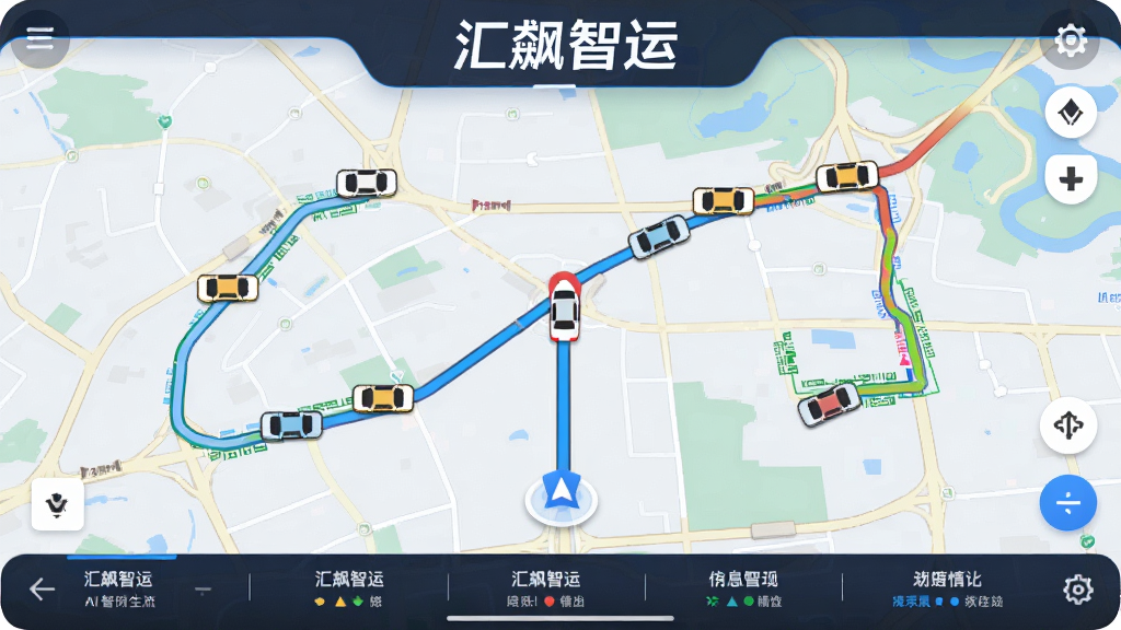 AI生图,主体为一张电子地图界面,地图上显示多个车辆图标和行驶路线,地图上方有“汇飙智运”字样,布局为全屏地图加底部信息栏,排版清晰,风格为现代导航风,细节包括定位指针和路况颜色标识,画质高清,干净无多余元素