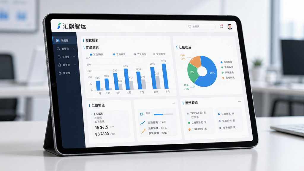 AI生图,主体为平板电脑屏幕,屏幕上显示“汇飙智运”数据报表页面,有柱状图和饼图,布局为网格化仪表盘,排版专业,风格为数据可视化风,细节包括数字标签和图例,画质高清,干净无多余元素