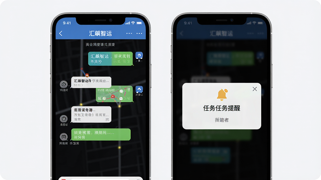 AI生图,主体为两部手机并排展示,左边手机显示“汇飙智运”调度聊天界面,右边手机显示任务提醒弹窗,布局为左右对称,排版简洁,风格为社交应用风,细节包括气泡对话框和铃铛图标,画质高清,干净无多余元素