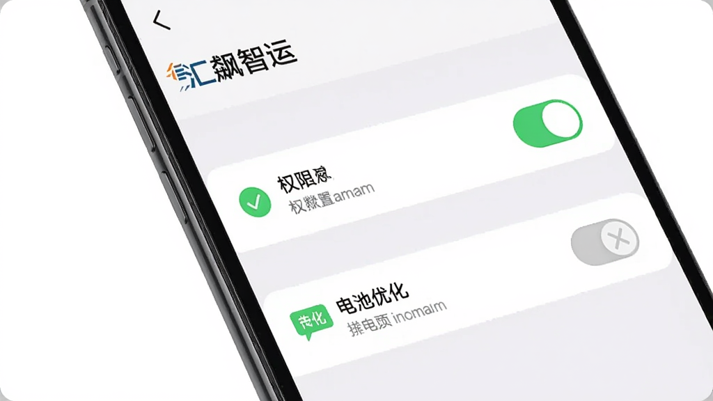 AI生图,主体为手机屏幕显示“汇飙智运”设置页面,有权限开关和电池优化选项,布局为列表式,排版清晰,风格为系统设置风,细节包括绿色勾选图标和灰色禁用图标,画质高清,干净无多余元素