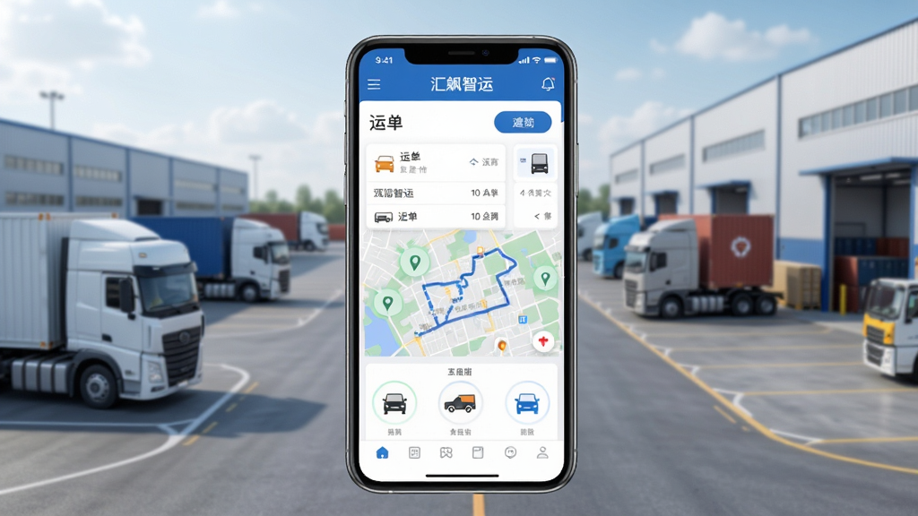 软件全貌展示图,画面中央放置一部智能手机,手机屏幕上显示“汇飙智运”应用主界面,界面包含运单列表、地图轨迹和车辆图标,背景为现代物流园区,有卡车和仓库元素,布局采用居中构图,风格为写实科技风,细节包括清晰的UI按钮和数据图表,画质为高清4K,干净无多余元素