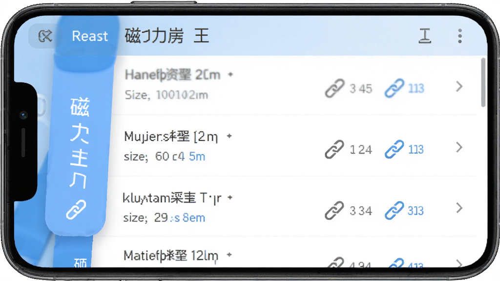磁力王软件界面截图,画面主体为手机屏幕,屏幕上展示磁力王搜索结果页面,布局为垂直列表,风格清爽,细节包括资源名称、文件大小和链接图标,画质清晰,干净,无多余元素