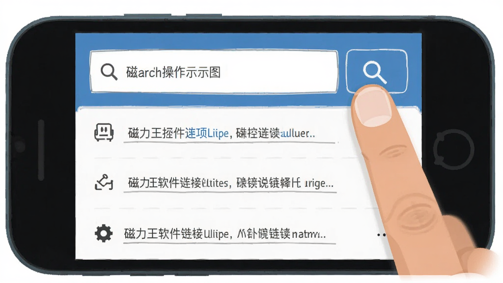磁力王软件操作示意图,画面主体为手机屏幕,屏幕上显示搜索框和磁力链接列表,布局为上下结构,风格扁平化,细节包括手指点击搜索按钮的动作,画质清晰,干净,无多余元素