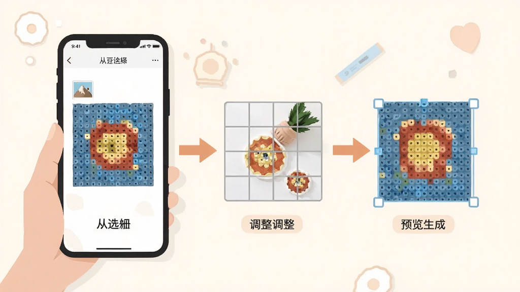 拼豆绘画新手操作示意图,画面中一部手机显示拼豆绘画的导入图片界面,旁边用箭头标注了从相册选择、调整网格、预览生成三个步骤,风格教程类扁平插画,色彩柔和,画质清晰,无多余文字装饰