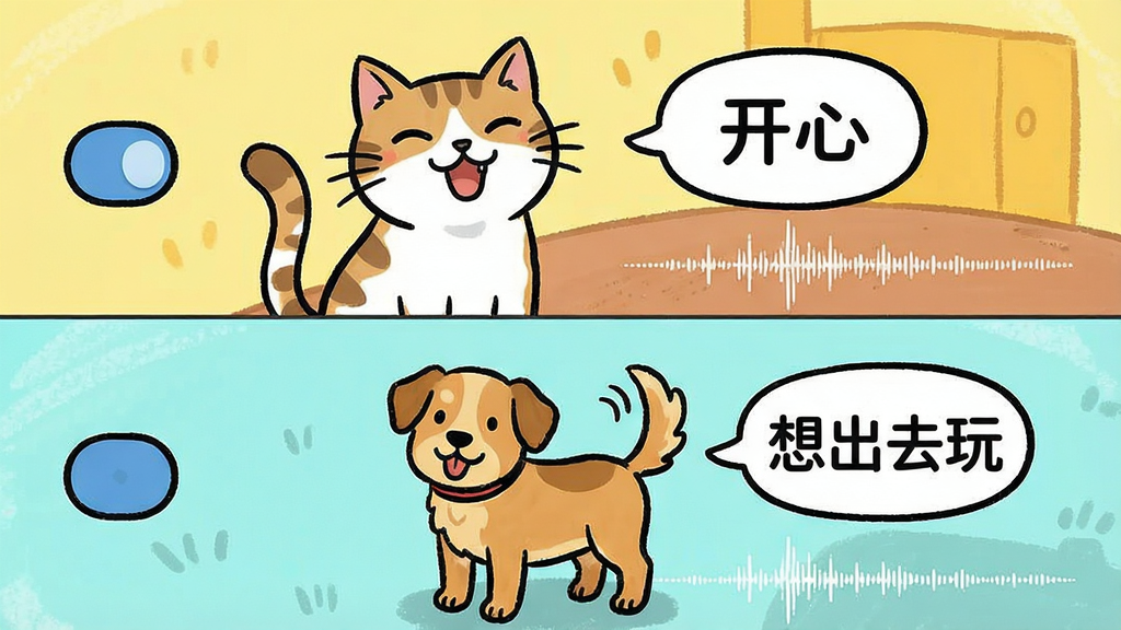 一张展示猫语狗语翻译器双向翻译模式的界面截图,画面分为上下两部分,上半部分为猫语模式,显示一只猫咪正在叫,旁边有翻译后的文字气泡写着开心,下半部分为狗语模式,显示一只狗狗在摇尾巴,旁边有文字气泡写着想出去玩,整体布局清晰,风格为卡通手绘风,色彩明亮,细节包括界面上的切换按钮和录音波形,画质清晰,干净,无多余元素