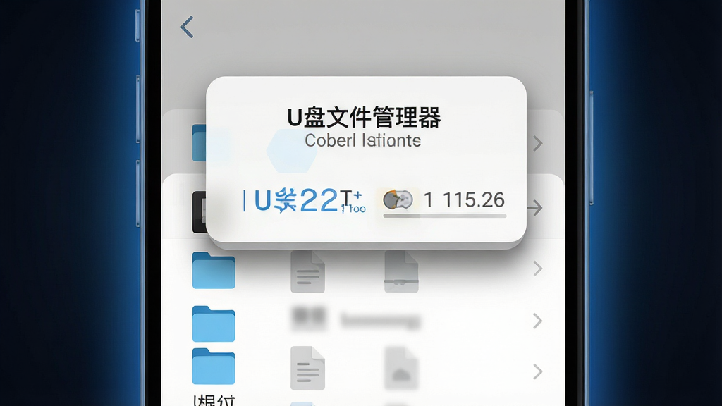生成一张手机屏幕特写图,屏幕中央显示“U盘文件管理器”的挂载成功提示弹窗,弹窗下方是U盘根目录的文件列表,包含文件夹与文档图标,手机周围有淡淡的蓝色光晕表示连接成功,布局为手机正面朝上居中,背景为深色渐变,风格为简洁扁平化科技风,细节包括弹窗阴影、文件图标样式、容量显示条,画质高清,干净,无多余元素